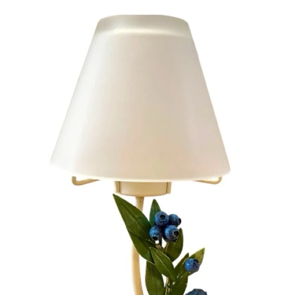 Candle holder lamp with blueberries, metal with frosted glass lampshade, vintage
